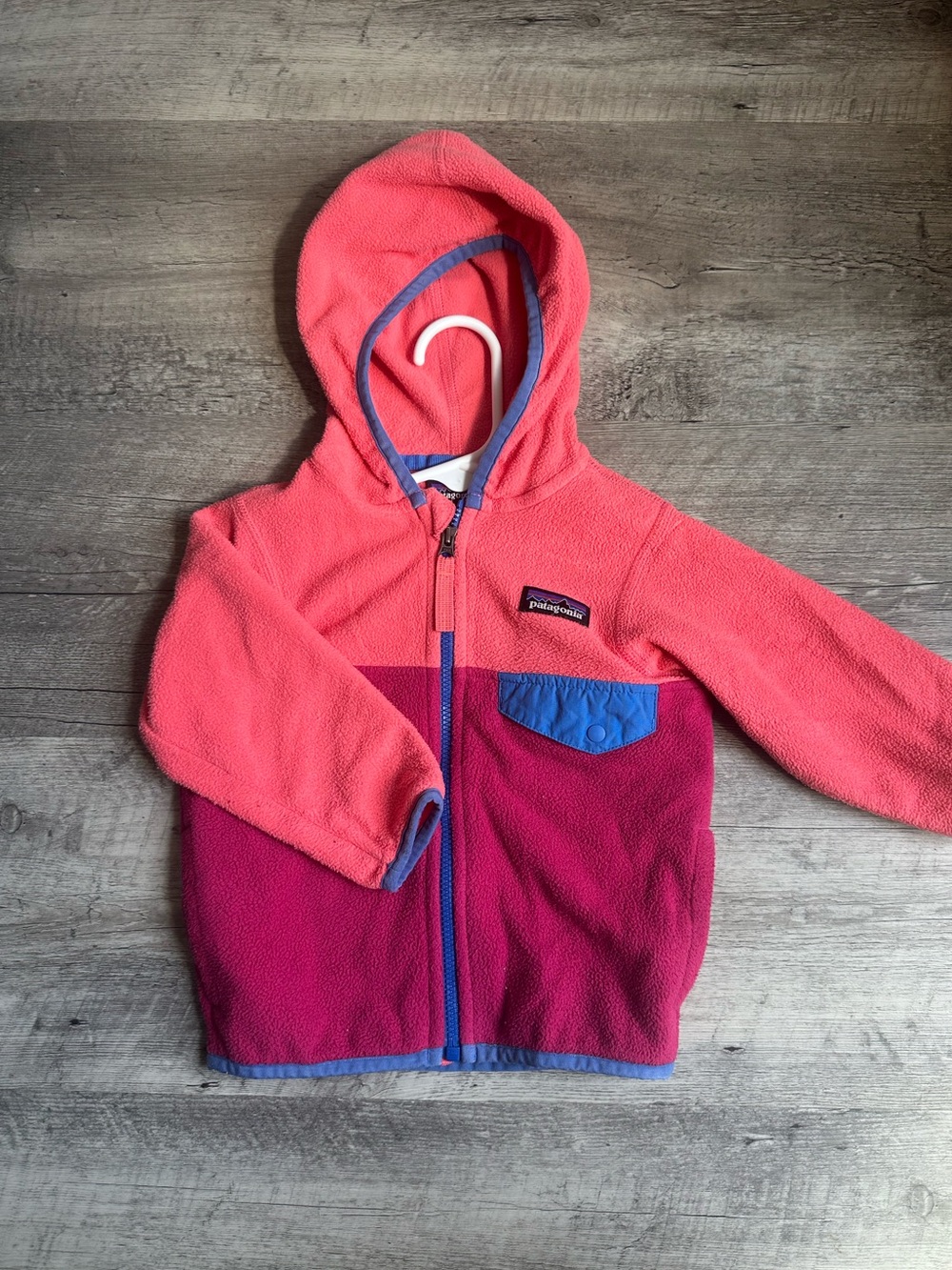 Patagonia Kids Fleece Hoodie in Coral & Magenta with Blue Trim